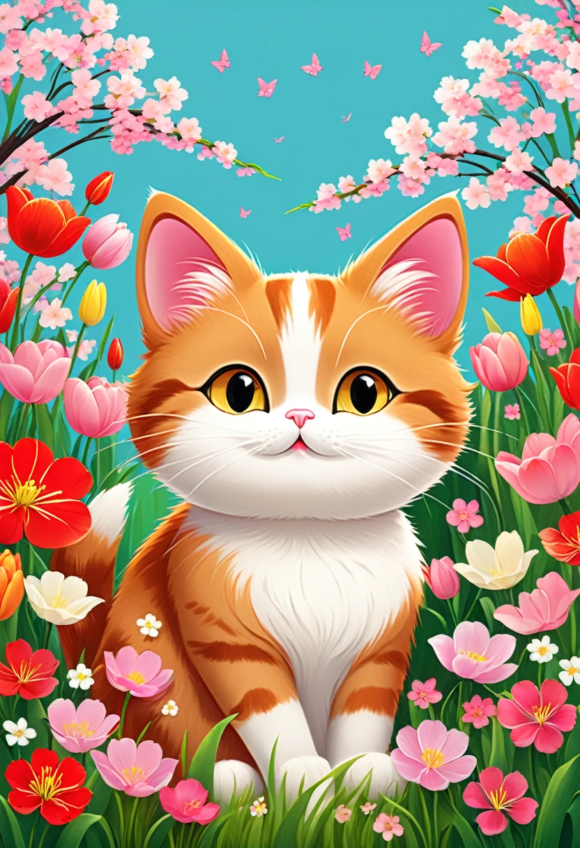 Draw a cat in a spring flower field in the style of Seizo Watase. The cat is relaxing among the flowers, with bright flowers such as cherry blossoms and tulips in the background. Use bright, warm colors overall.