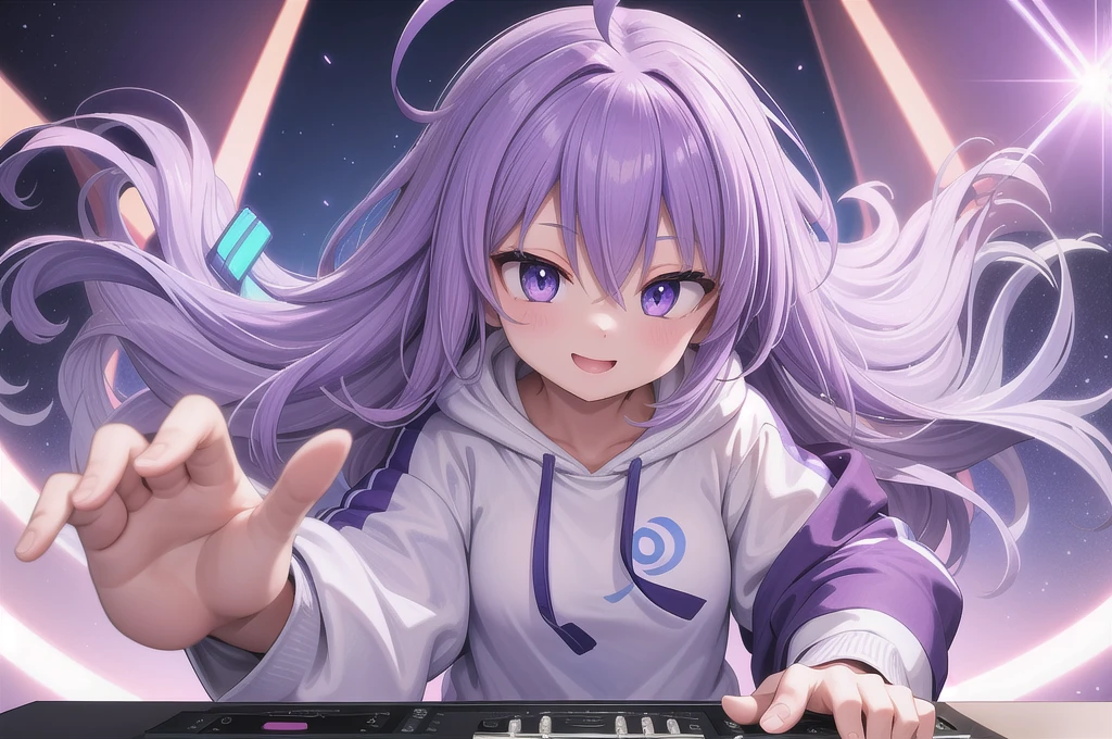 One girl, alone, 20-year-old, Light blue eyes, Purple Hair, Long, beautiful wavy hair, Ahoge, nice smile, White hoodie, Spectacular views, D Cup, headphone, Detailed DJ equipment, djing, masterpiece, Fine Fingers, 最high quality:1.4, high quality, detailed