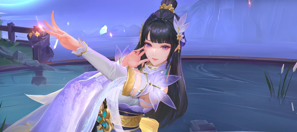 there is woman with purple dress in character game in mobile legends kagura, realis