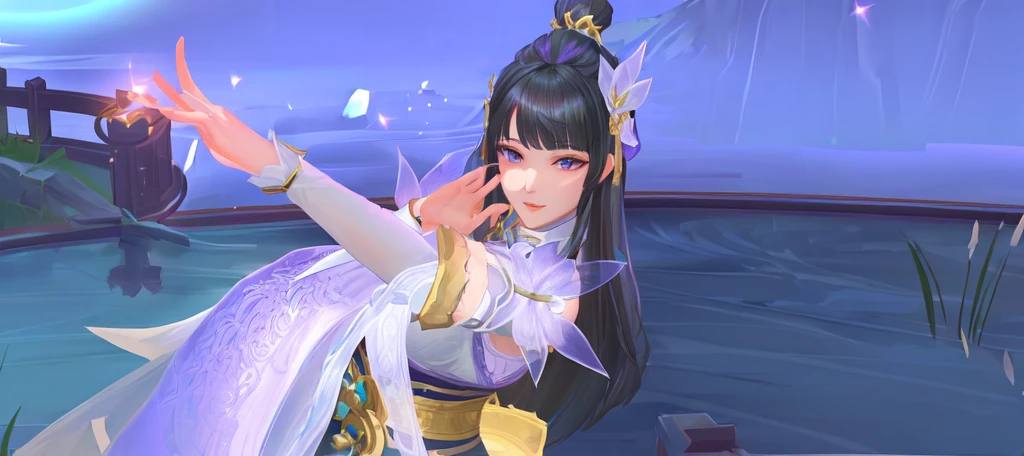 there is woman with purple dress in character game in mobile legends kagura, realis