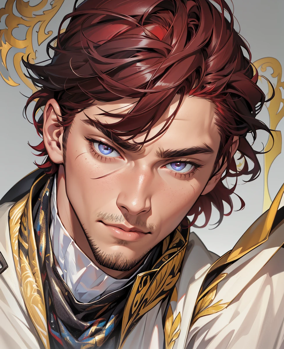 (absurdres, highres, ultra detailed), 1 male, mature, manly, tall muscular, handsome, detailed eyes, portrait, solo, close up, detailed background, (none background :1.1) short red hair, eyes close,