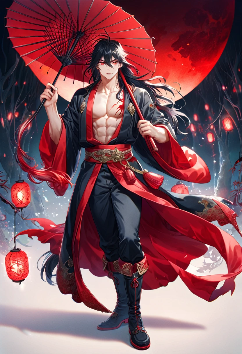 absurdres, highres, ultra detailed, HDR, master piece, best quality, extremely detailed face, delicated features, Xue Yu, untamed spiky hair, black hair, long hair, hair between the eyes, expressive red eyes, Thousand Years War, solo, sexy man, holding a red paper umbrella in his right hand, handsome, toned chest, black haori, red fantasy robes, black pants, black boots, full body, red moon, red blood, fantasy, magic, envy magical, forest, red spider lilies, red lanterns, red fire, red floating round lights