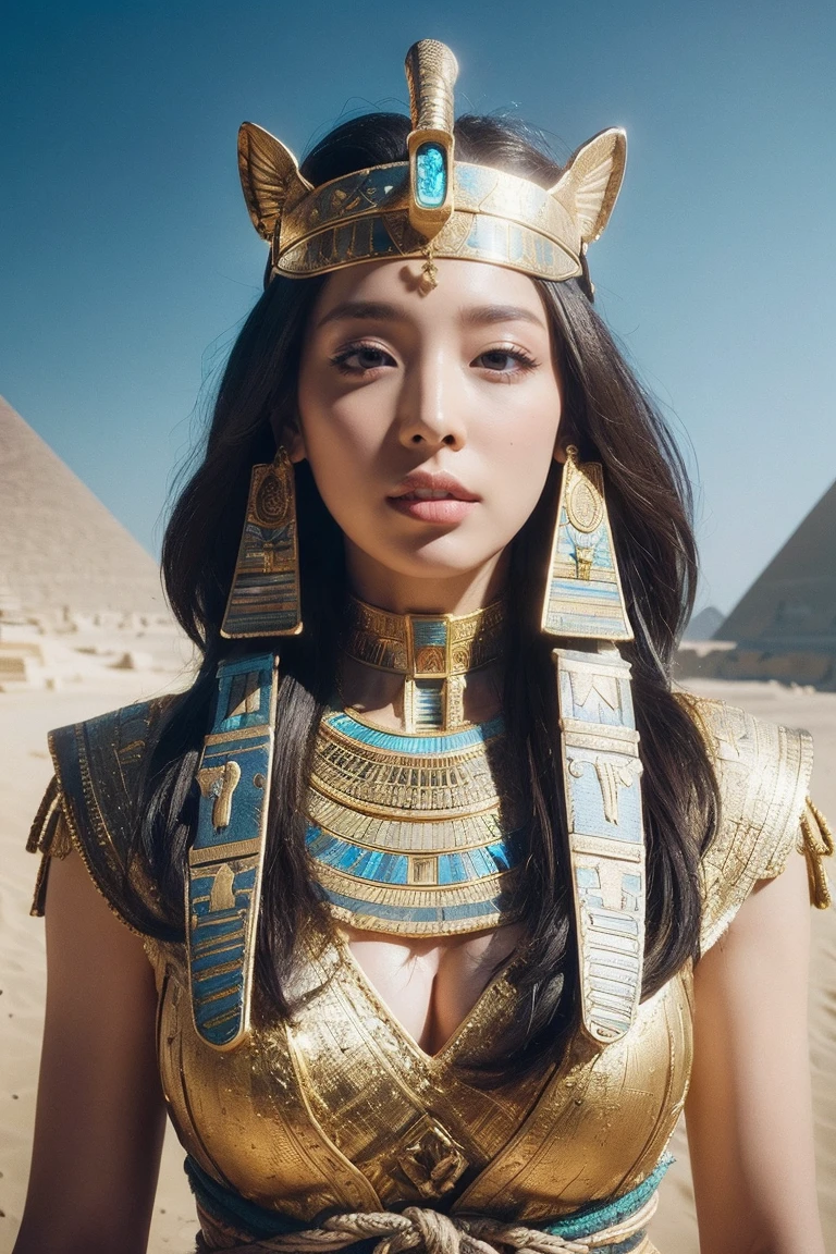 ((Highest quality、8K、masterpiece:1.3))、Photorealistic, Sharp focus, high resolution, High resolution, Portraiture, One person, woman, beautiful woman, sexy、古代エジプトを歩くエジプトのwoman戦士、Complex technology, Pyramids and ancient Egyptian cities far away、cyber-、Light and shadow、Cyan Light、