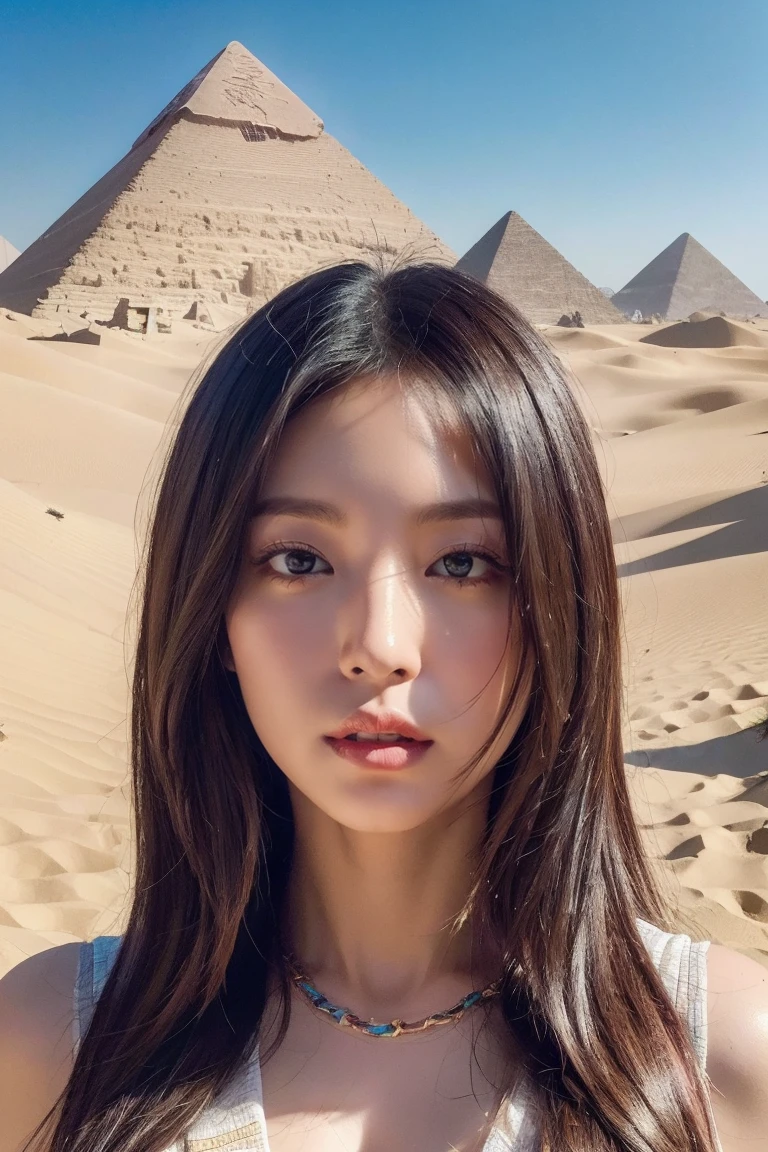 ((Highest quality、8K、masterpiece:1.3))、Photorealistic, Sharp focus, high resolution, High resolution, Portraiture, One person, woman, beautiful woman, sexy、古代エジプトを歩くエジプトのwoman戦士、Complex technology, Pyramids and ancient Egyptian cities far away、cyber-、Light and shadow、Cyan Light、