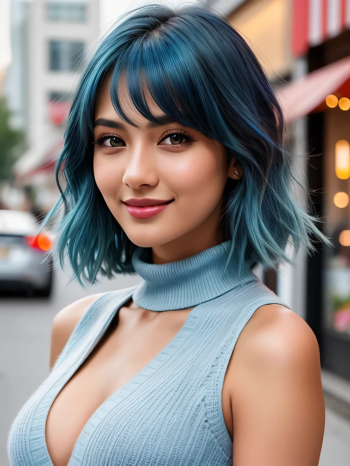 (blue hair:1.4), short hair, realistic green eyes, cobalt hair, long bob hair, tousled hair, shoulder length hair, Full body, woman with white skin and Asian features, 24 year old, big breast. She has a small, elegant nose with a slight upward curve at the tip. Her lips are full and naturally pink, with a well-defined Cupid's bow. Her teeth are straight and white, enhancing her captivating smile. Her face has an oval shape with high cheekbones that add to her model-like appearance. (crack), detailed (texture!, shine, color!!, flaws: 1.1), highly detailed glowing eyes, (looking at camera), specular light, dslr, extreme quality, crystal clear, cute face, detailed skin pores, oil Dark skin, brown, complex eye details, she is far from the camera, A full-body portrait, captured from a distance. Dynamic Frame, 8K, Best Quality, Realistic, full body Realism, beautiful hairstyle, Dynamic Frame, Beautiful girl standing in front of a store in a shopping mall, (Surreal,High resolution, Very detailed:1.2), (8k), , (highest quality), (Very detailed), (( Mastepiece)),highest quality,Very detailed, Beautiful woman standing wearing a dark red checked single-breasted blazer ,break, White turtleneck sweater, plaid pleated skirt, (Ultra-realistic pantyhose), full body shot、 Black Medium Bob, Fine and beautiful eyes, Cute face, bust, Big Boss, Fine and beautiful features, Captivating smile, (short hair:1.3)