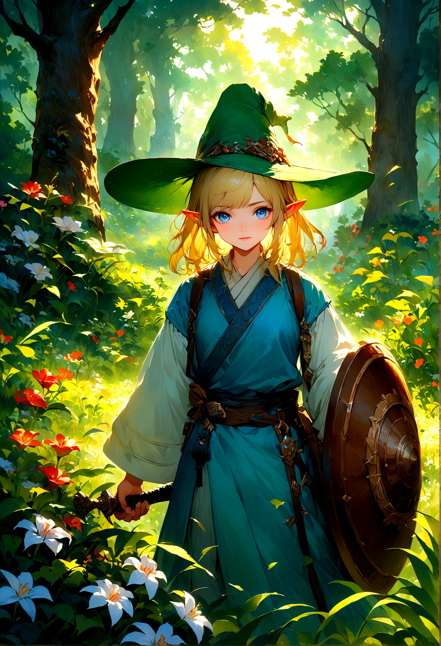 Legend of Zelda，A boy with blonde hair and pointed ears, wearing a green hat and a blue tunic, holding a sword and a shield, standing in a vast green field filled with tall grass and blooming flowers, surrounded by lush trees. The boy has intense blue eyes and a determined expression on his face. The sunlight filters through the leaves of the trees, casting a warm and vibrant glow on the scene. The atmosphere is filled with a sense of adventure and excitement. The artwork is created using traditional painting techniques, with vibrant colors and intricate brushstrokes. The details are highly realistic, capturing every intricate detail of the boy's face and the surrounding environment. The painting has a high resolution and is meticulously crafted, showcasing the artist's skill and attention to detail. The style of the artwork is reminiscent of classic fantasy illustrations, with a touch of modern aesthetics. The color palette is rich and vibrant, with a focus on lush greens and bright blues, creating a sense of enchantment and wonder. The lighting in the painting is soft and warm, creating a cozy and inviting atmosphere. The overall composition of the artwork is balanced and visually pleasing, with a strong focal point on the boy and the surrounding nature.