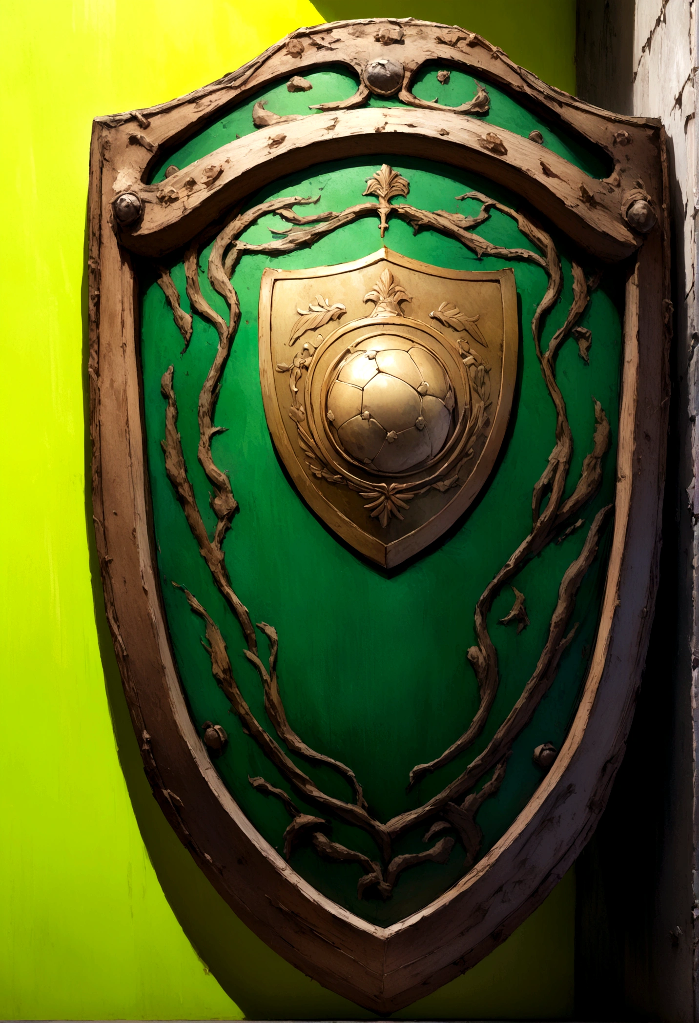 Photo (mural) a football shield in the foreground with a yellow and green background