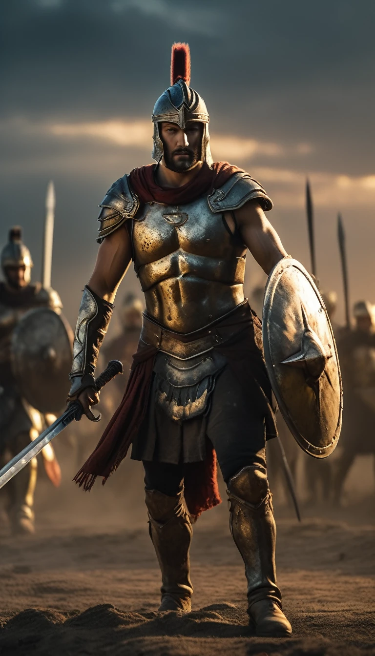 Draw a Spartan warrior standing amidst a battlefield at dawn, the first light glinting off his armor, battle atmosphere background, hyper realistic, ultra detailed hyper realistic, photorealistic, Studio Lighting, wearing a gold crown, reflections, dynamic pose, Cinematic, Color Grading, Photography, Shot on 50mm lens, Ultra-Wide Angle, Depth of Field, hyper-detailed, beautifully color, 8k