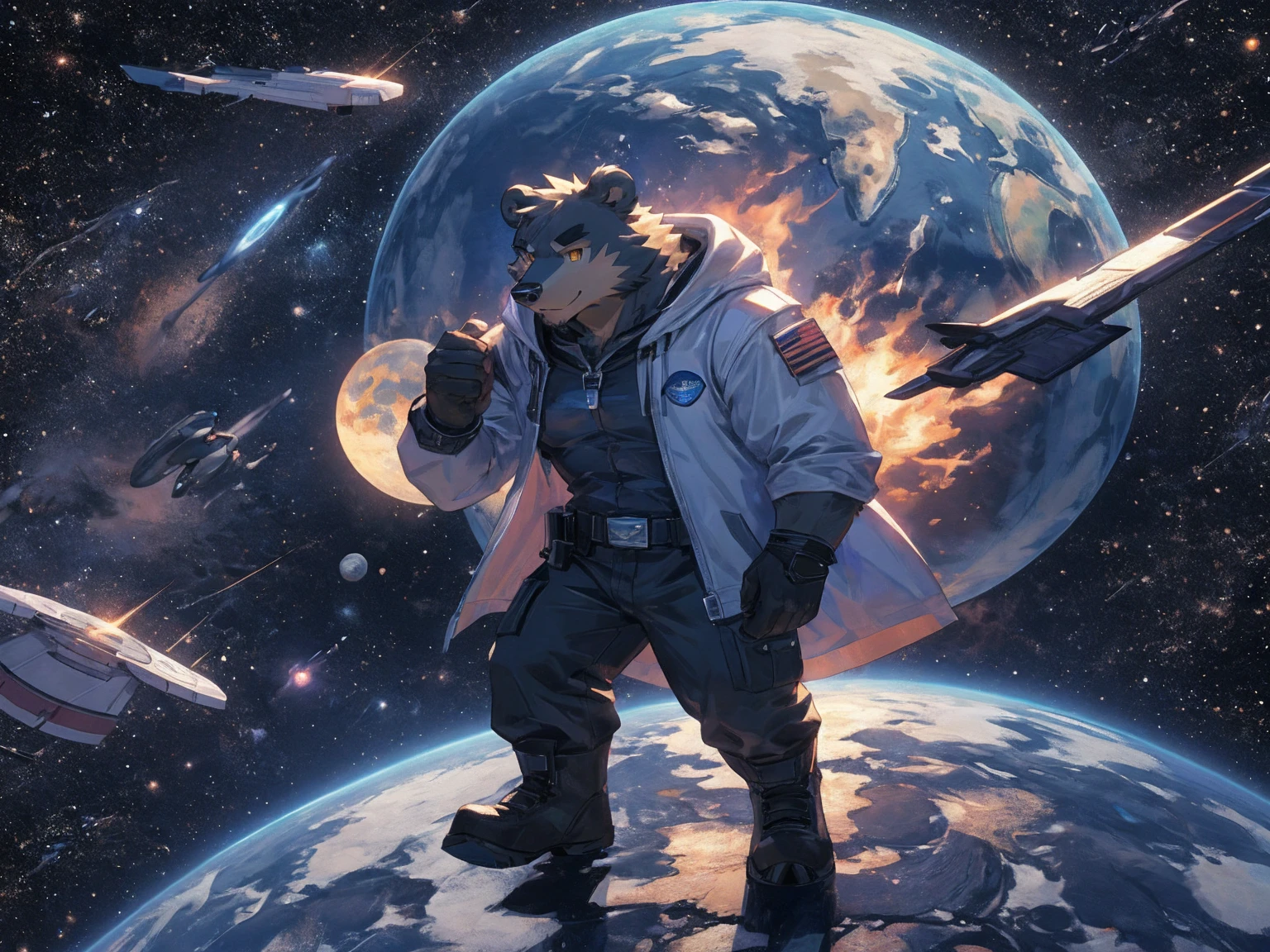 (masterpiece:1.2), best quality,pixiv,official art,perfect anatomy, (Ray tracing, light),solo, (1_male:1.3) , (muscle), (grey fur:1.4), (muscle bear), (beard:1.2), (gleaming golden eyes), bear tail, full body, Thick black eyebrows,(open hooded parka), (naked inside), (cargo pants:1.2), boots , (in the space:1.3) , star , planet , earth , asteroid , (character floating :1.3)