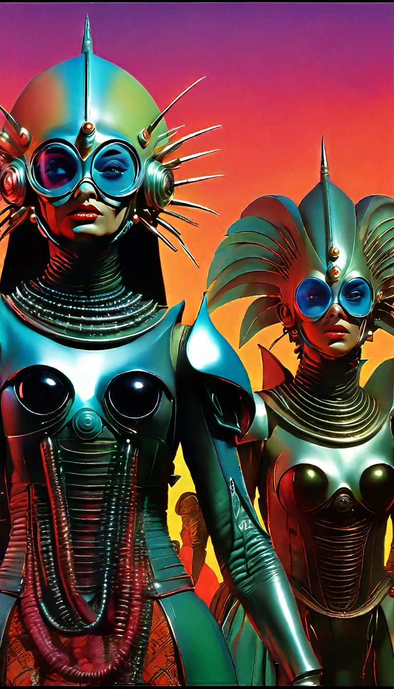 a movie poster for slave girls from beyond infinity, inspired by Clyde Caldwell, Postcyberpunk, stalenhag, metal album cover, gwar, heavy metal band promo, wayne barlowe pierre pellegrini, retro sci fi, biorobotics, movie poster with no text, movie poster promo, ultra detailed, complex, sharp focus, object texture, studio photo, intricate details, highly detailed, Real Photo style, hyper-realistic, high dynamic range, rich colors, realistic textures, 8K uhd, high color depth, Nikon D 850, Kodak 400 port, fujifilm XT, (cinematic film:3.1)