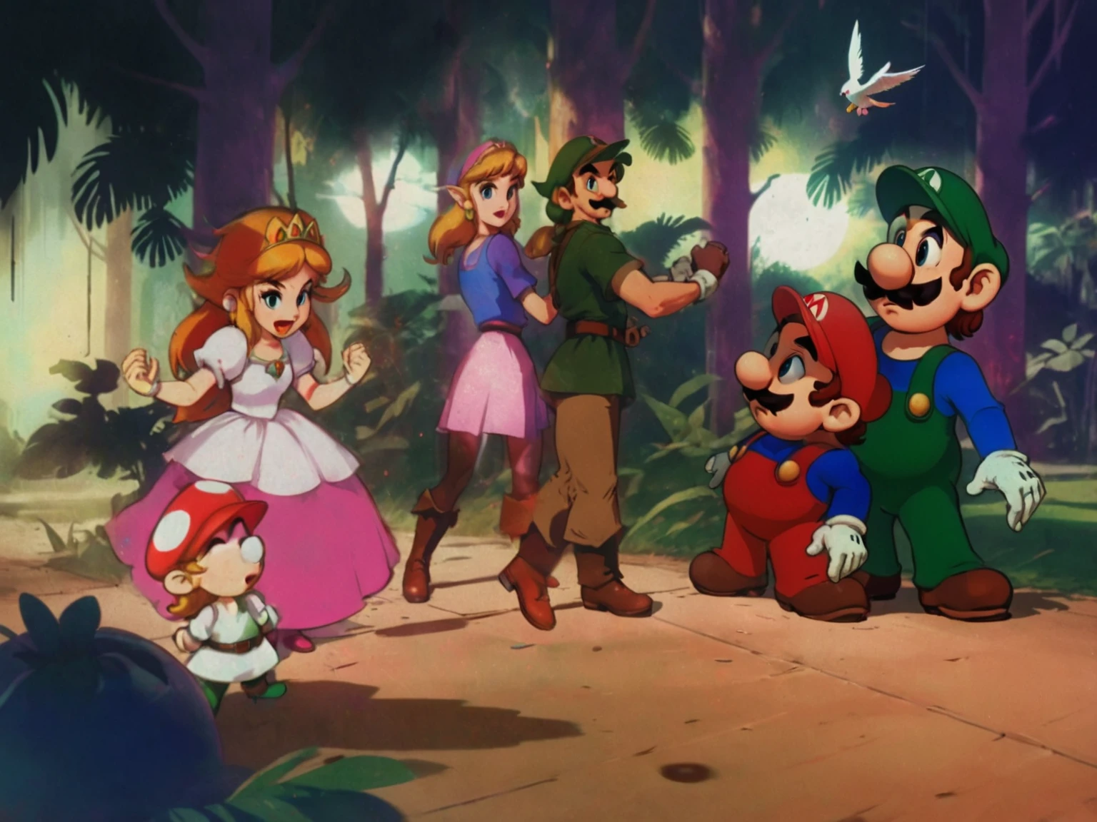 1990's animated tv show screengrab, Legend of Zelda crossover Mario Bros. , VHS, glitch, distorted, nostalgia, 90's retro vibes, analog tape, vcr aesthetics, tv, television, comic 1990's, animated tv show screengrab, Zelda and Super Mario cast dancing stanky boogie, cinematic poster, image within image, multiple exposure, massive scale, rich color grading for shading depth, hand drawn rotoscope cartoon realism, chiaroscuro lighting, mixed media, vintage comic, retro original design, 1990's comic, sense of movement energy, taking flight, tropical rot, rewilding, (full roygbiv color) ink charcoal expressive illustration, Zelda and Mario aesthetics