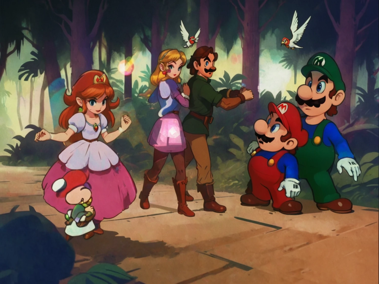 1990's animated tv show screengrab, Legend of Zelda crossover Mario Bros. , VHS, glitch, distorted, nostalgia, 90's retro vibes, analog tape, vcr aesthetics, tv, television, comic 1990's, animated tv show screengrab, Zelda and Super Mario cast dancing stanky boogie, cinematic poster, image within image, multiple exposure, massive scale, rich color grading for shading depth, hand drawn rotoscope cartoon realism, chiaroscuro lighting, mixed media, vintage comic, retro original design, 1990's comic, sense of movement energy, taking flight, tropical rot, rewilding, (full roygbiv color) ink charcoal expressive illustration, Zelda and Mario aesthetics
