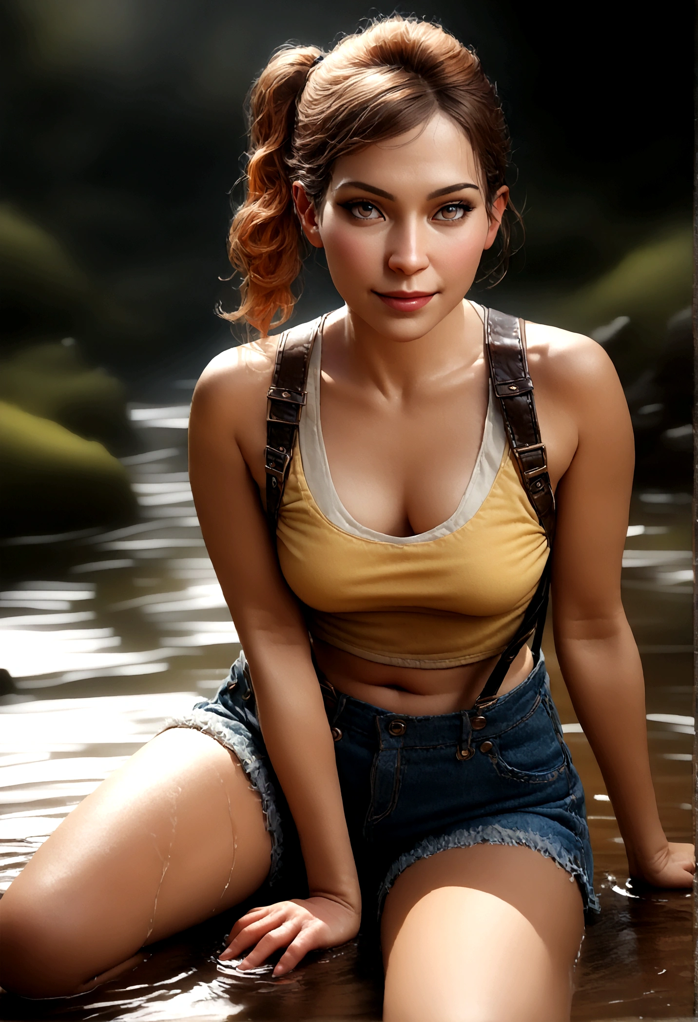 (best quality,4k,highres,masterpiece:1.2),ultra-detailed,(realistic,photorealistic,photo-realistic:1.37),HDR,UHD,studio lighting,extreme detail description,professional

A woman lying in a stream, detailed face and body,full body, misty, 1girl, breasts, looking_at_viewer, short_hair, closed_mouth, bangs, navel, hair_between_eyes, bare_shoulders, sitting, green_eyes, full_body, lying, sleeveless, midriff, orange_hair, side_ponytail, crop_top, looking_to_the_side, eyelashes, bare_legs, sleeveless_shirt, leaning_forward, arm_support, suspenders, tank_top, denim_shorts, yellow_shirt, hair_tie, green_shorts, suspender_shorts, yellow_tank_top, body shape, small breast, chubby thighs, thick thighs, smile, beautiful eyes, her body completely soaked wet, loved gaze, she tries to cover her intimate parts peitos a mostra