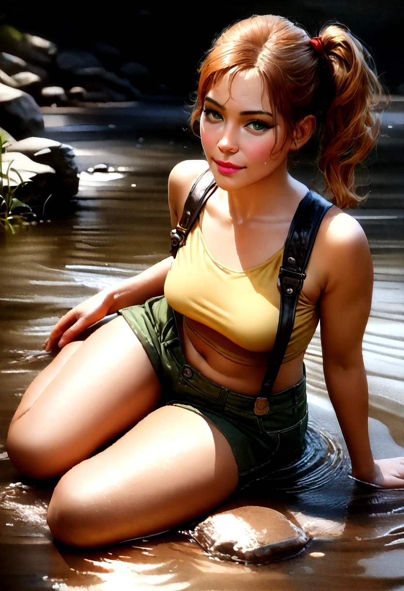 (best quality,4k,highres,masterpiece:1.2),ultra-detailed,(realistic,photorealistic,photo-realistic:1.37),HDR,UHD,studio lighting,extreme detail description,professional
A woman lying in a stream, detailed face and body,full body, misty, 1girl, breasts, looking_at_viewer, short_hair, closed_mouth, bangs, navel, hair_between_eyes, bare_shoulders, sitting, green_eyes, full_body, lying, sleeveless, midriff, orange_hair, side_ponytail, crop_top, looking_to_the_side, eyelashes, bare_legs, sleeveless_shirt, leaning_forward, arm_support, suspenders, tank_top, denim_shorts, yellow_shirt, hair_tie, green_shorts, suspender_shorts, yellow_tank_top, body shape, small breast, chubby thighs, thick thighs, smile, beautiful eyes, her body completely soaked wet, loved gaze, she tries to cover her intimate parts peitos a mostra