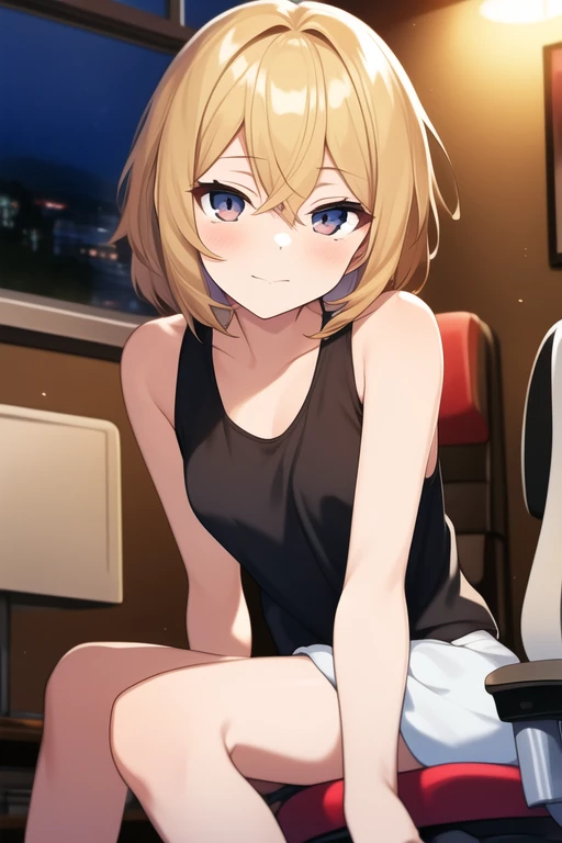 ((melhor qualidade)), ((Obra de arte)), (detalhado), 1girl, standing in her house, bedroom, dark room, black tank top, looking at viewer, red marks under her eyes, gray eyes, short blonde hair, fluffy hair, pale skin, lazy expression, lazy smile, half-lidded eyes, sitting on gamer chair, hands on knees, tired expression, sleepy, skinny girl, small breasts, night outside, no lights,