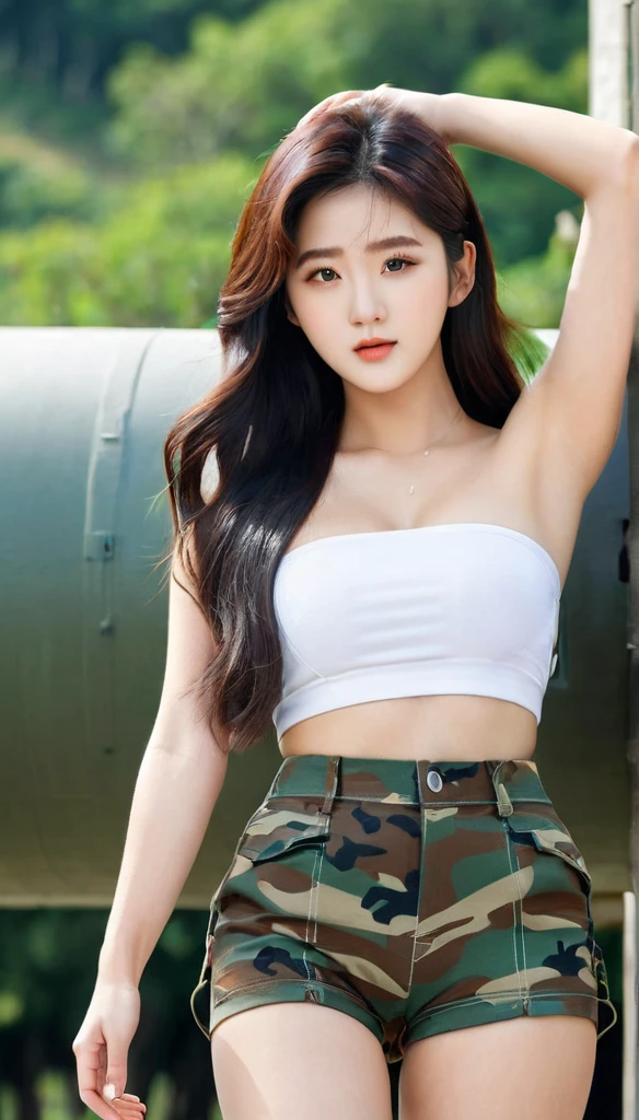 close-up of beautiful South Korean, Kwon Eunbi is a South Korean singer and actress, age 24 years old girl, youthful face, perfect body, white body skin, very rapunzel long hair, standard black hair, straight hair, 34 inches breasts size, wearing a plain standard light white strapless tube top, wearing a tight camouflage leggings, Eunbi's clothes were cut off by male soldiers using scissors from the t-shirt to the tube top to make Eunbi sigh and tease, strand by strand Eunbi's clothes fell because they had been cut, the rest of Eunbi's clothes were scattered at the bottom because they had been cut, Eunbi's clothes showed off her breasts because they were cut off by male soldiers so that they looked more sexy and seductive, ((Eunbi's clothes were cut by the male soldiers from a t-shirt to a tube top in front of the male soldiers)), ((the male soldiers watched as Eunbi's clothes were cut to become very sexy and seductive)), sexy looking pose, pose a naughty look, pose looks seductive, at the military training camp, military training camp background, UHD
