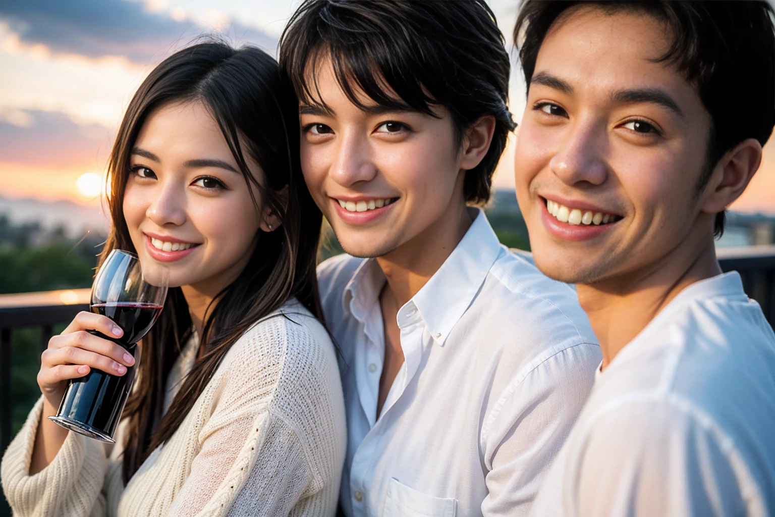 (8k, Top Quality, Masterpiece:1.2), (Realistic, Photorealistic:1.37), Super Detail, 1 Naked Girl and 2 Clothed Men in Rough Clothing, Cute, Beautiful Detailed Sky, Dating, (Nose Blush), (Smile:1.15), (Closed Mouth) Small Chest, Beautiful Detailed Eyes, (Long Hair: 1.2), Floating Hair