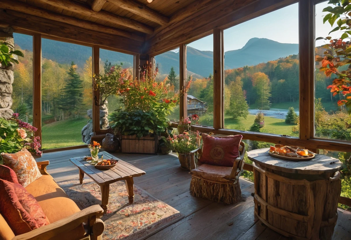 (best quality,4K,8K,high resolution,masterpiece:1.2),Extremely detailed,(Practical,photoPractical,photo-Practical:1.37),Mountain hut,Cozy cottage,Wooden house surrounded by mountains,Tranquil atmosphere,Great attention to detail,Peaceful environment,Panoramic view of mountains and forests,Secluded place,Large Windows，Magnificent views,Elegant and rustic design,Chimney smoke,Warm and welcoming atmosphere,Crackling Fireplace,Comfortable furniture,Soft and warm lighting,Serene colors,Natural materials,Wood paneling,Beautifully landscaped gardens，There are colorful flowers and plants,Clear blue sky,fresh air,breeze,Rustling Leaves,Peace and tranquility,Hiking trails,Nature Exploration,adventure,The Hermitage,Escape from busy city life,Perfect place to relax and meditate.