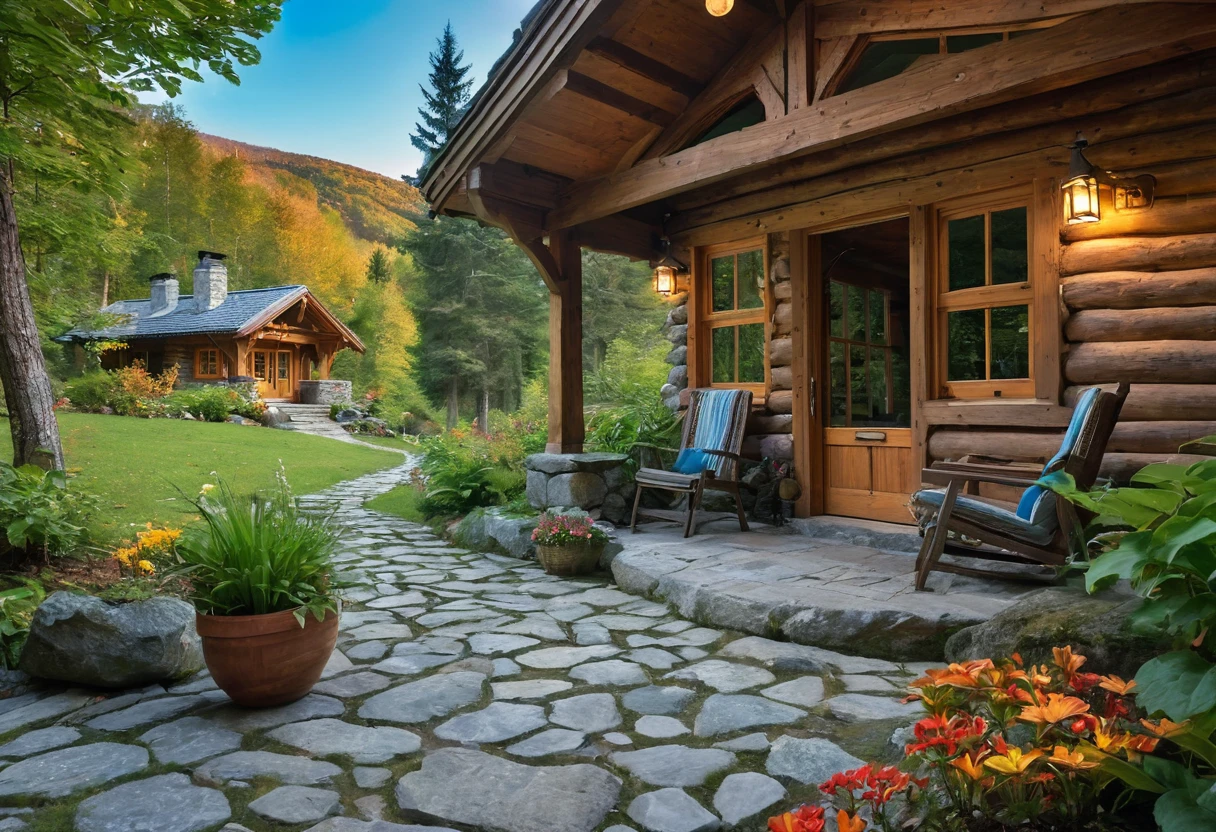 (best quality,4K,8K,high resolution,masterpiece:1.2),Extremely detailed,(Practical,photoPractical,photo-Practical:1.37),Mountain hut,Cozy cottage,Wooden house surrounded by mountains,Tranquil atmosphere,Great attention to detail,Peaceful environment,Panoramic view of mountains and forests,Secluded place,Large Windows，Magnificent views,Elegant and rustic design,Chimney smoke,Warm and welcoming atmosphere,Crackling Fireplace,Comfortable furniture,Soft and warm lighting,Serene colors,Natural materials,Wood paneling,Beautifully landscaped gardens，There are colorful flowers and plants,Clear blue sky,fresh air,breeze,Rustling Leaves,Peace and tranquility,Hiking trails,Nature Exploration,adventure,The Hermitage,Escape from busy city life,Perfect place to relax and meditate.