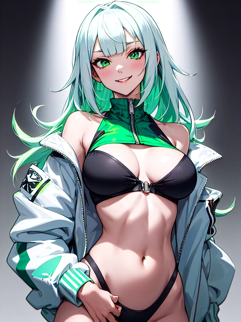 ((Portrait)), She has a Mischievous Appearance, with a Slender Build and a Playful Charm. She Expresses a Cheerful and Energetic Look, Giving Off a Fun and Lively Attitude. She has Emerald Green Eyes, and Her Hair is Long, Silvery-White, with Shark-Like Bangs. She Wears an Oversized, Open Bomber-Style Jacket, with a Loose White Top, Revealing Her Belly Buttom. ((Portrait, HDR, Dark Background))