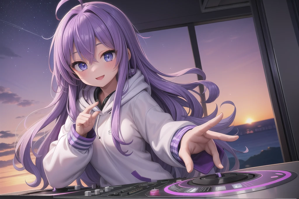One girl, alone, 20-year-old, Blue Eyes, Purple Hair, Long, beautiful wavy hair, Ahoge, nice smile, White hoodie, Spectacular views, D Cup, headphone, Detailed DJ equipment, djing, masterpiece, Fine Fingers, 最high quality:1.4, high quality, detailed