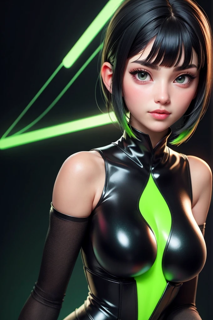 A woman, black hair with bangs and neon Green, neon green and black clothes, big breasts, shiny black eyes, beautiful and young face, beautiful and sensual clothes, best quality, best solution