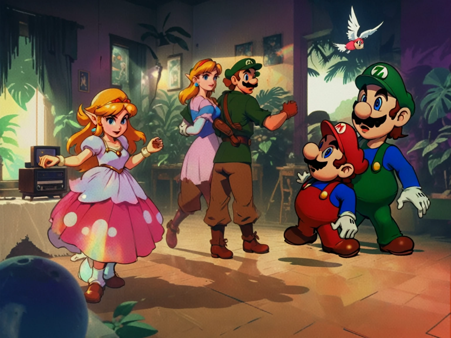 1990's animated tv show screengrab, Legend of Zelda crossover Mario Bros. , VHS, glitch, distorted, nostalgia, 90's retro vibes, analog tape, vcr aesthetics, tv, television, comic 1990's, animated tv show screengrab, Zelda and Super Mario cast dancing stanky boogie, cinematic poster, image within image, multiple exposure, massive scale, rich color grading for shading depth, hand drawn rotoscope cartoon realism, chiaroscuro lighting, mixed media, vintage comic, retro original design, 1990's comic, sense of movement energy, taking flight, tropical rot, rewilding, (full roygbiv color) ink charcoal expressive illustration, Zelda and Mario aesthetics
