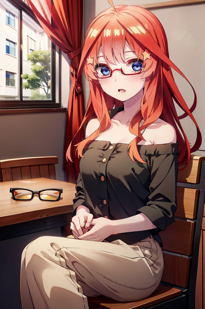 itsukinakano, itsuki nakano, bangs, blue eyes, Hair between the eyes, Ahoge, Redhead, star \(symbol\), hair ornaments, star hair ornaments,smile,Open your mouth,Red-rimmed glasses,Cold Shoulder Shirt,skinny pants,Stiletto heels,Sitting in a chair,There is a computer on the table,interior,Holding a steamed bun with both hands and eating it,whole bodyがイラストに入るように,
break indoors, オフィス
break looking at viewer, whole body,
break (masterpiece:1.2), Highest quality, High resolution, unity 8k wallpaper, (figure:0.8), (Beautiful attention to detail:1.6), Highly detailed face, Perfect lighting, Highly detailed CG, (Perfect hands, Perfect Anatomy),