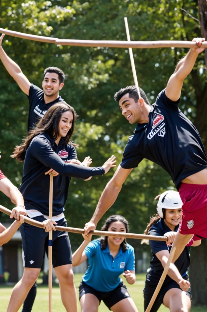 Three people trying to throw a bundle on a stick