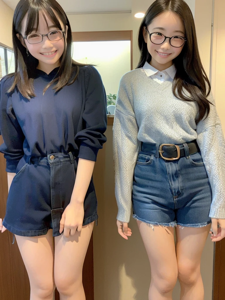 Highest quality、masterpiece、、Very detailed、Realistic、(Two Girls)、(Looking at me with a smile:1.5)、whole body、Small face、Narrow shoulders、Thin and beautiful legs、Tight and slim waist、Glasses