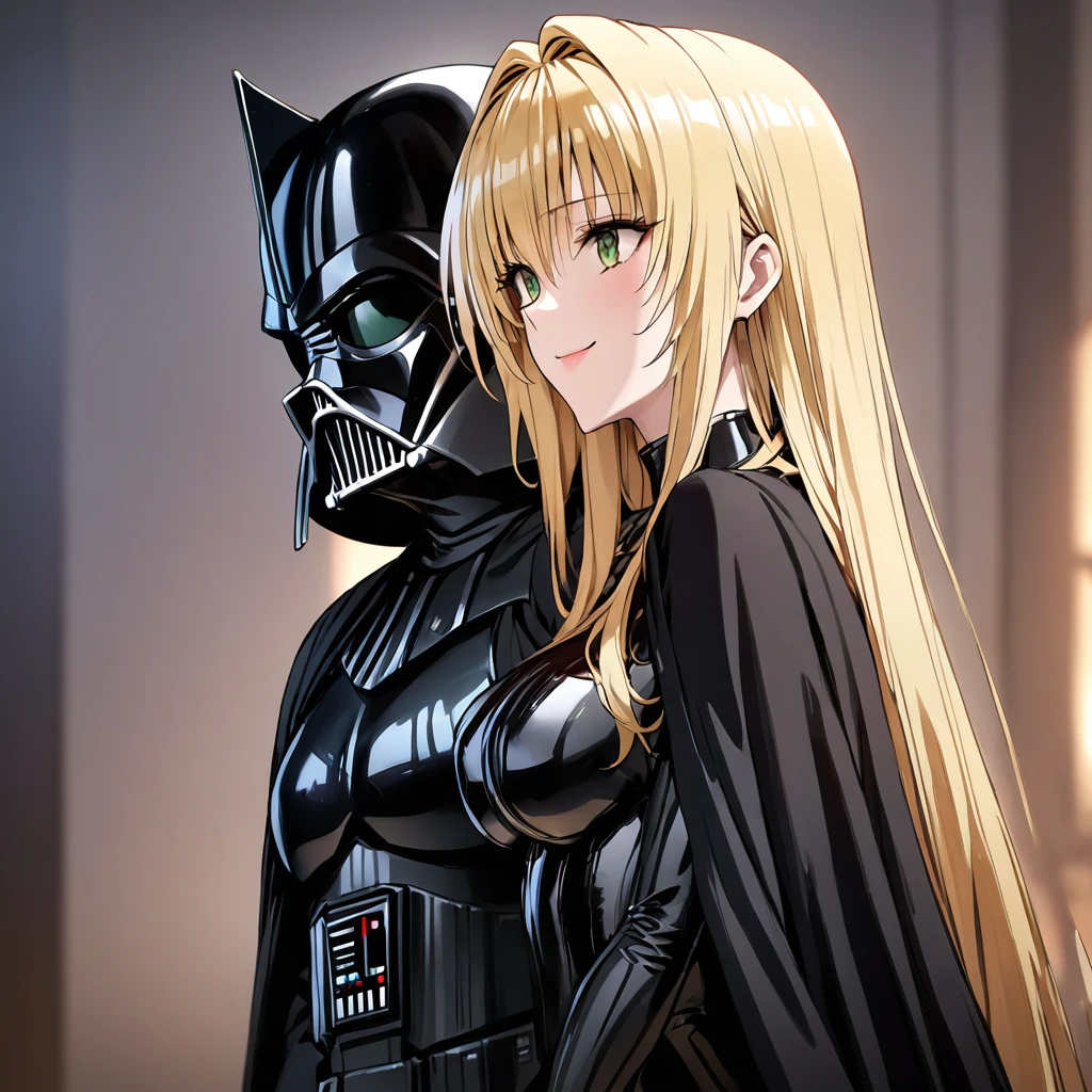 ((Highest quality)), ((masterpiece)), (detailed), (Perfect Face)、The woman is the Sith Lord Tearju, with green eyes, blonde medium-long hair, and is wearing the same bodysuit and protector as Darth Vader, as well as a full-face helmet and a black cloak.、The woman is standing next to Darth Vader and smiling sweetly at him.