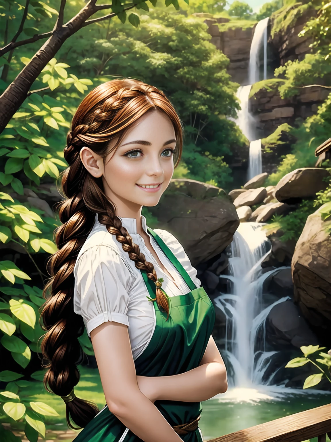 1 girl, (elven:0.7) woman,  green eyes, auburn waterfall braid, Brown hair, portrait, solo, upper body, looking away, detailed background, detailed face, smile, barkeep, simple tight dress, apron, jovial fantasy atmosphere,