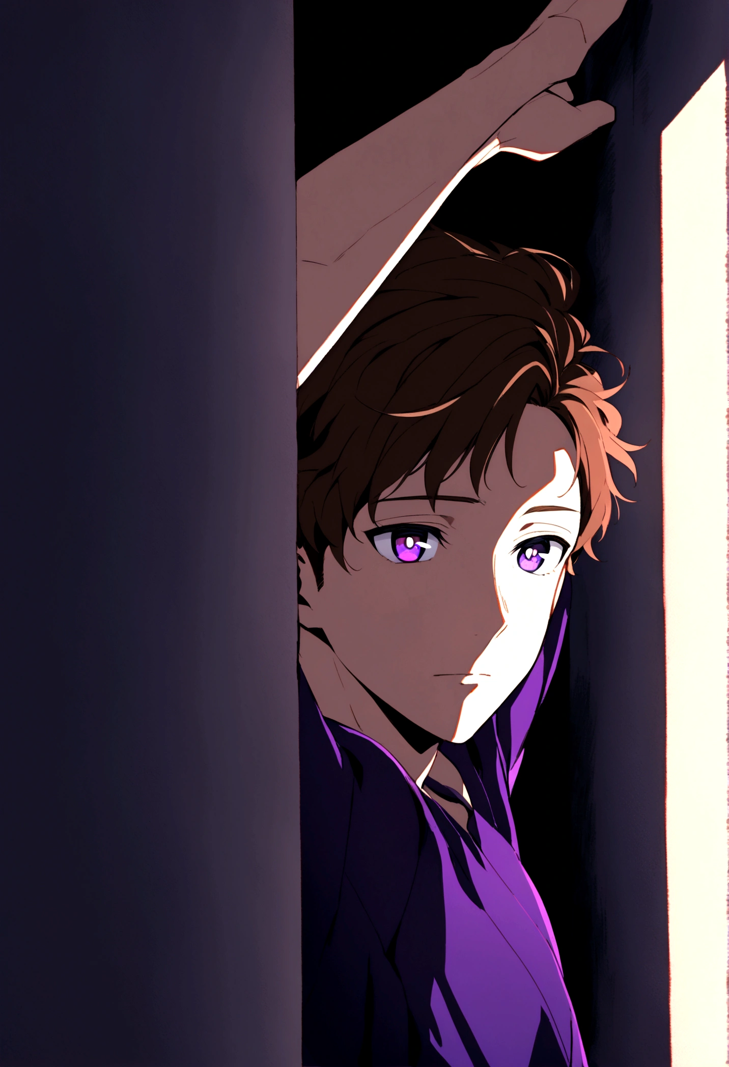 Create a calm Japanese-style portrait in the style of the anime Black Clover. Introducing a Young Man, leaning against a wall with arms raised, eyes lost in the depths. shading adds depth and texture, emphasizing the emotional gravity of the scene. Content purple shirt purple pupils brown hair