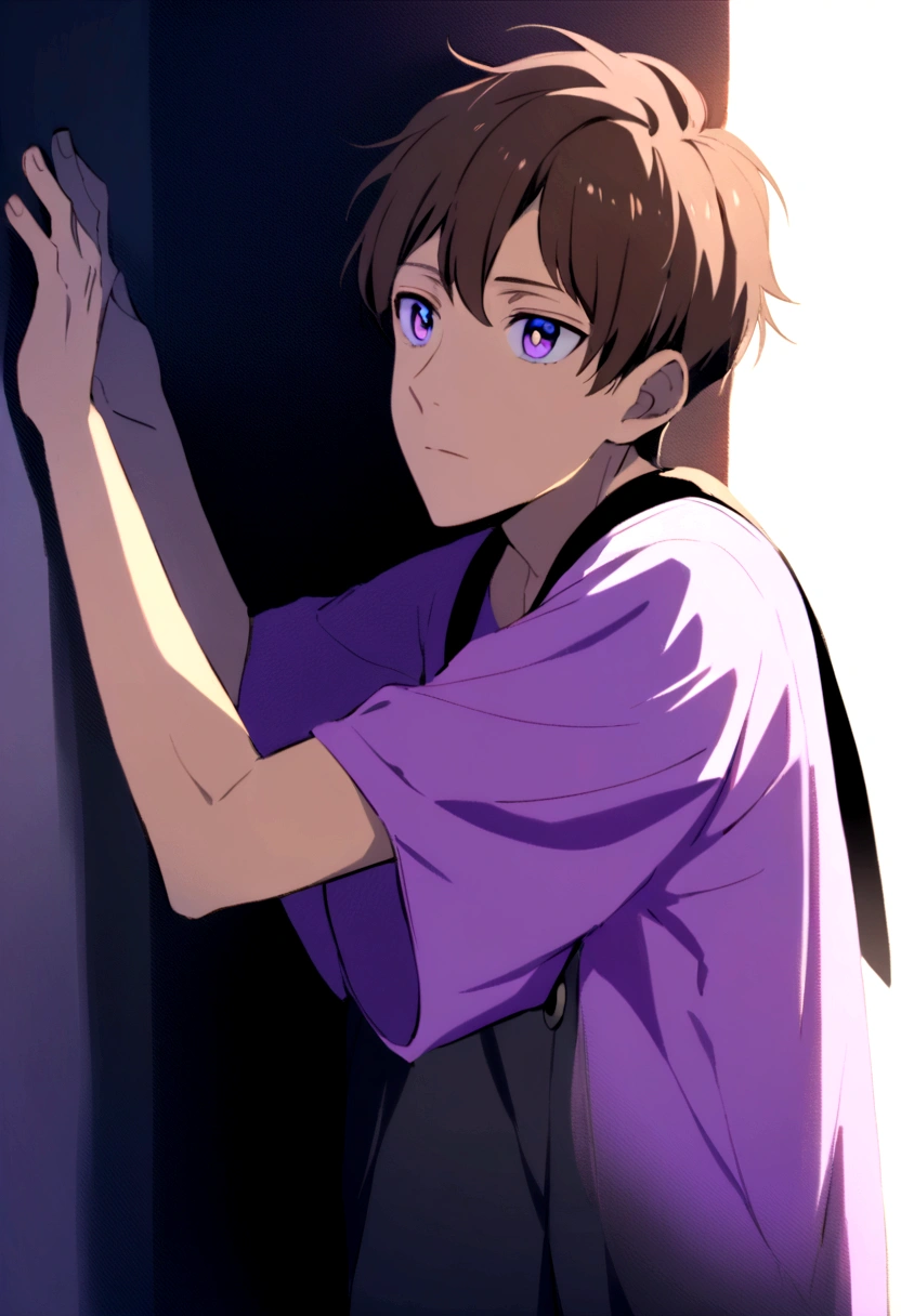 Create a calm Japanese-style portrait in the style of the anime Black Clover. Introducing a Young Man, leaning against a wall with arms raised, eyes lost in the depths. shading adds depth and texture, emphasizing the emotional gravity of the scene. Content purple shirt purple pupils brown hair