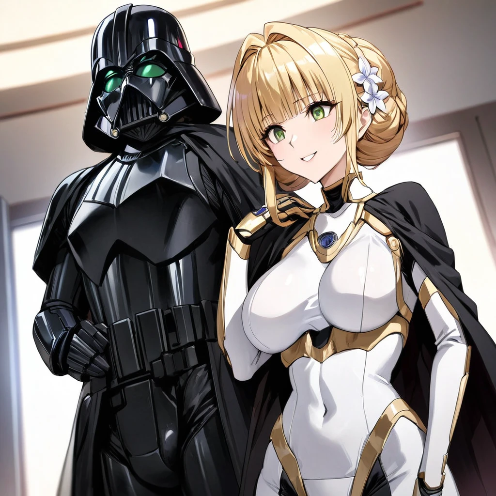 ((Highest quality)), ((masterpiece)), (detailed), （Perfect Face）、The woman is a Stormtrooper named Tiare, with green eyes, medium blonde hair, and a Princess Leia hairstyle. She is wearing a gorgeous black Stormtrooper bodysuit with gold patterns and trim, and a gorgeous black cape.、The woman is standing next to Darth Vader and smiling sweetly at him.