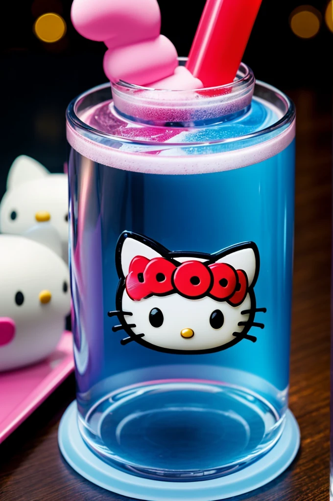Hello kitty dressed as batman Batman dressed as hello kitty with a drink called Skyy blue transparent bottle 