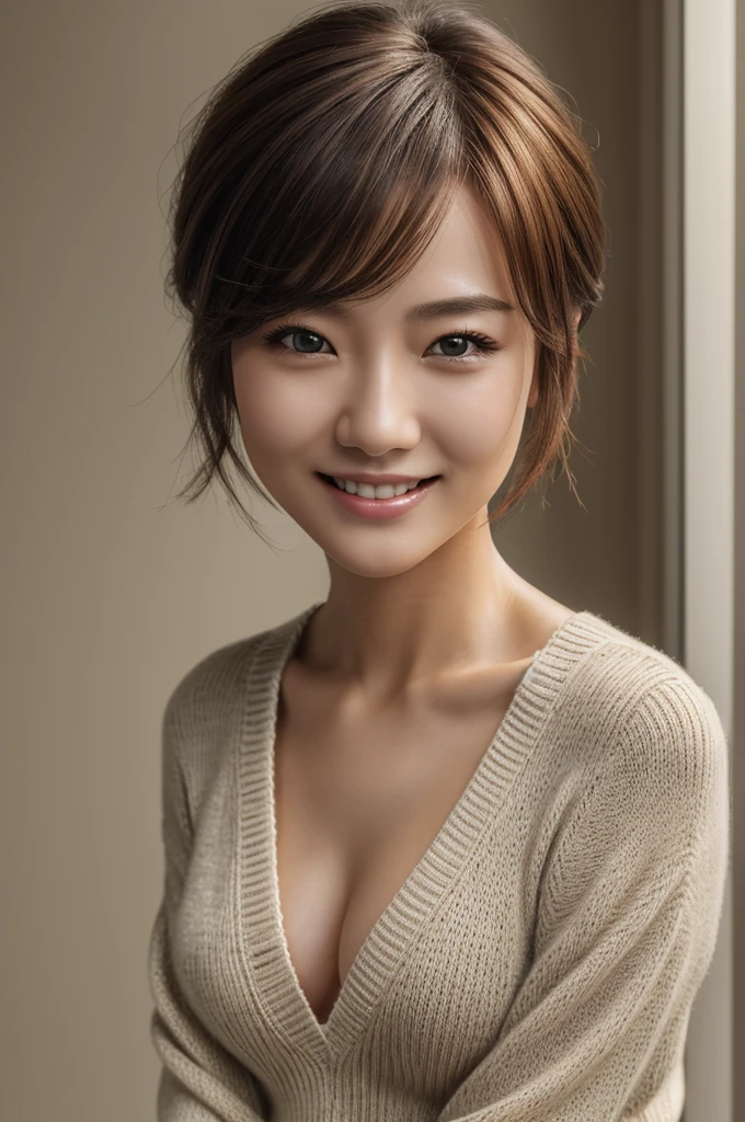 (Masterpiece:1.3), (8k, photorealistic, raw photography, Superior image quality: 1.4), Japanese high school girls、(Random hairstyles:1.2)、chest neckline:1.2、Super detailed face、eye of detail、double eyelid、Gather your chest、sharp focus:1.2、Pretty Woman:1.4、light brown hair、premium、Masterpiece、超High resolution、(photorealistic:1.4)、Professional and highly detailed lighting smile.、Loose and light knitwear、shoulder out、slender、serious facial expression、with short hair、Fatal position and then you undress her