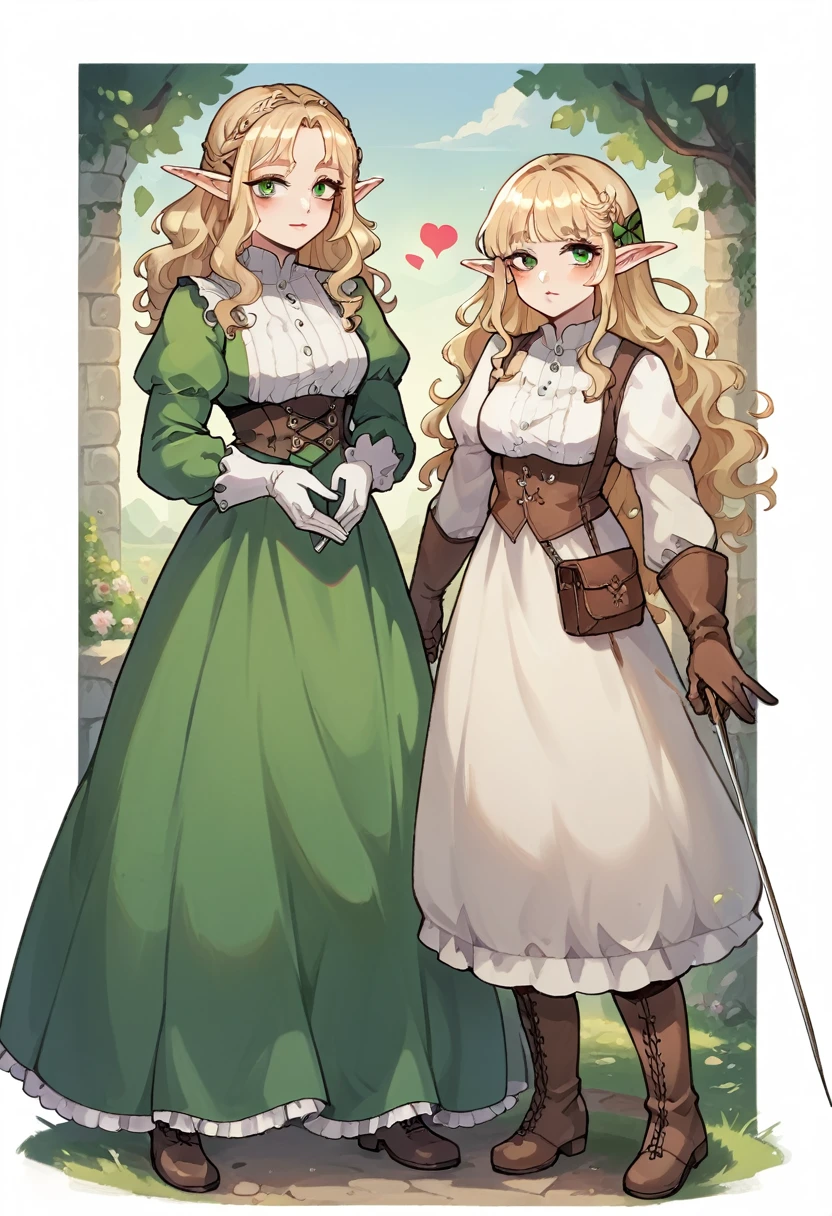 Girl with long wavy hair, they are brilliant, and blonde. round green eyes, heart-shaped lips, thin eyebrows, medieval elf clothing, elf ears, skin fair, broadshouldered, medium height, fluffy and soft skin, light red lips, wavy fringe, bow with arrows in the back, gloves that show fingers, ankle boots, and eye mark popularly known as Hand of Fátima, Hamsa or Hamsa, This symbol of Islamic origin has crossed different religions and cultures