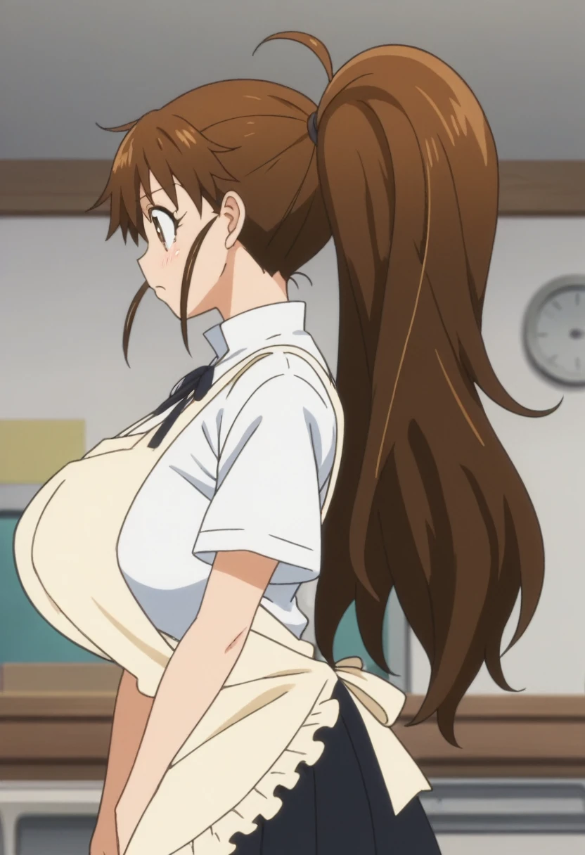 score_9, score_8_up, score_7_up, rating_explicit, anime screencap, upper body, 1girl, solo, working!!, taneshima popura, brown eyes, brown hair, long hair, ponytail, huge breasts, white shirt,black skirt,apron, popura-schooluniform, from side