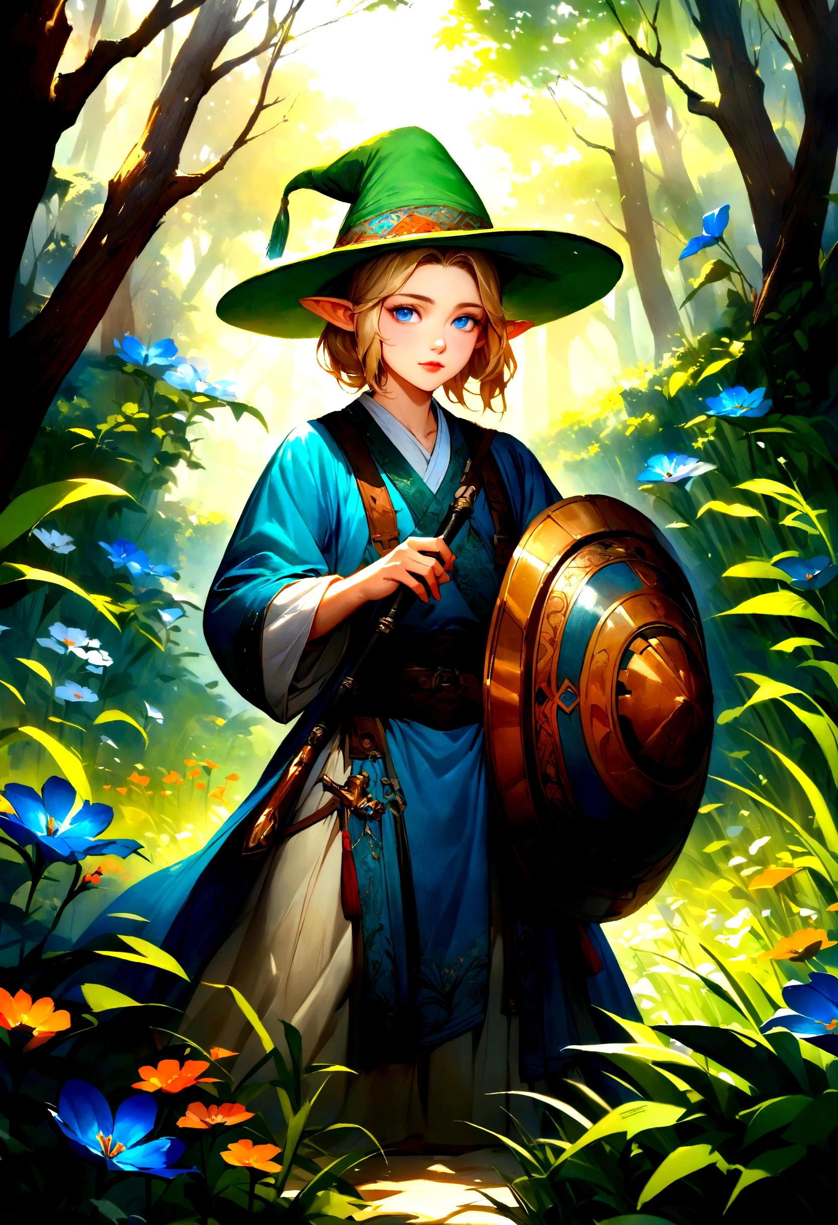 Legend of Zelda,A boy with blonde hair and pointed ears, wearing a green hat and a blue tunic, holding a sword and a shield, standing in a vast green field filled with tall grass and blooming flowers, surrounded by lush trees. The boy has intense blue eyes and a determined expression on his face. The sunlight filters through the leaves of the trees, casting a warm and vibrant glow on the scene. The atmosphere is filled with a sense of adventure and excitement. The artwork is created using traditional painting techniques, with vibrant colors and intricate brushstrokes. The details are highly realistic, capturing every intricate detail of the boy's face and the surrounding environment. The painting has a high resolution and is meticulously crafted, showcasing the artist's skill and attention to detail. The style of the artwork is reminiscent of classic fantasy illustrations, with a touch of modern aesthetics. The color palette is rich and vibrant, with a focus on lush greens and bright blues, creating a sense of enchantment and wonder. The lighting in the painting is soft and warm, creating a cozy and inviting atmosphere. The overall composition of the artwork is balanced and visually pleasing, with a strong focal point on the boy and the surrounding nature.