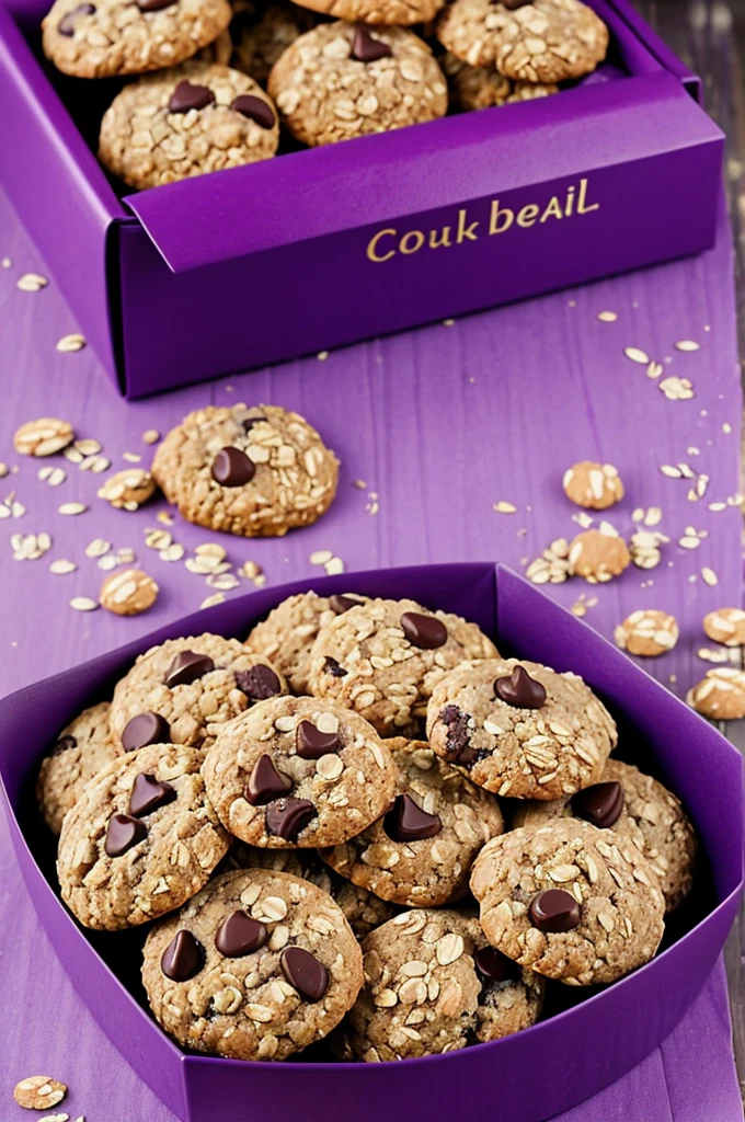 Crumbl cookies oatmeal cookies with chocolate delicacy inside a purple box that has a healthy logo that says strength and health at home bite