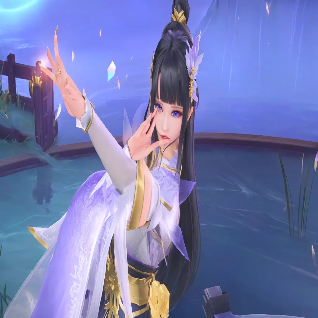 there is woman with purple dress in character game in mobile legends kagura, realis