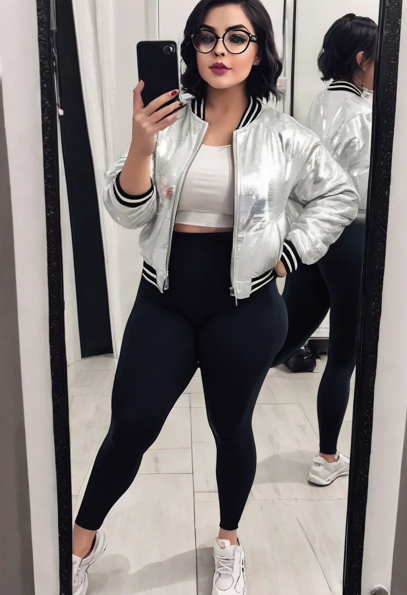 white girl a little chubby, culona, wide legs, waist a little big, with dark purple leggings, a black and white jacket, short black hair with bun and oval glasses, taking a selfie of your entire body in the mirror