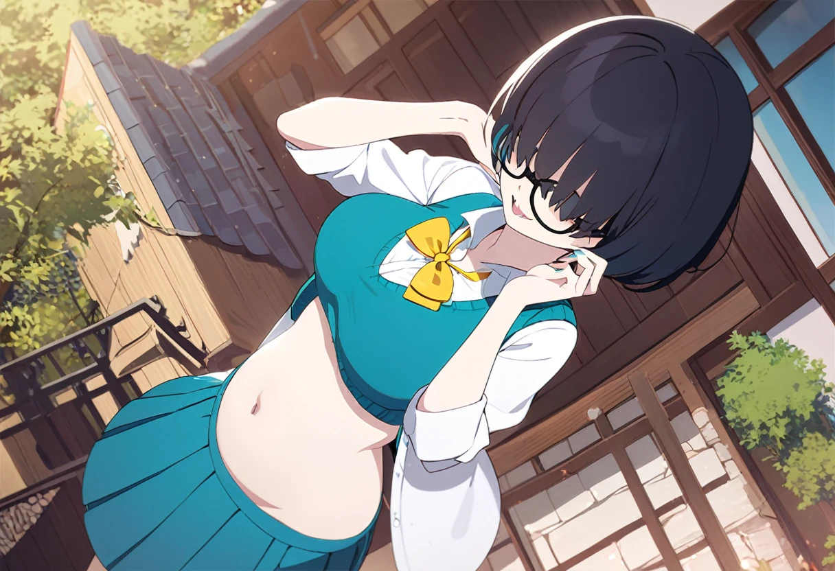 1girl, , turquoise vest, collared shirt, yellow bowtie, open jacket, blue skirt, black-framed eyewear, pleated skirt, black hair, turquoise bangs, very short hair, hair over eyes, pale skin, medium breasts, turquoise eye, smile, licking the chops, country house, slightly large belly, (masterpiece), best quality, anime style, full body