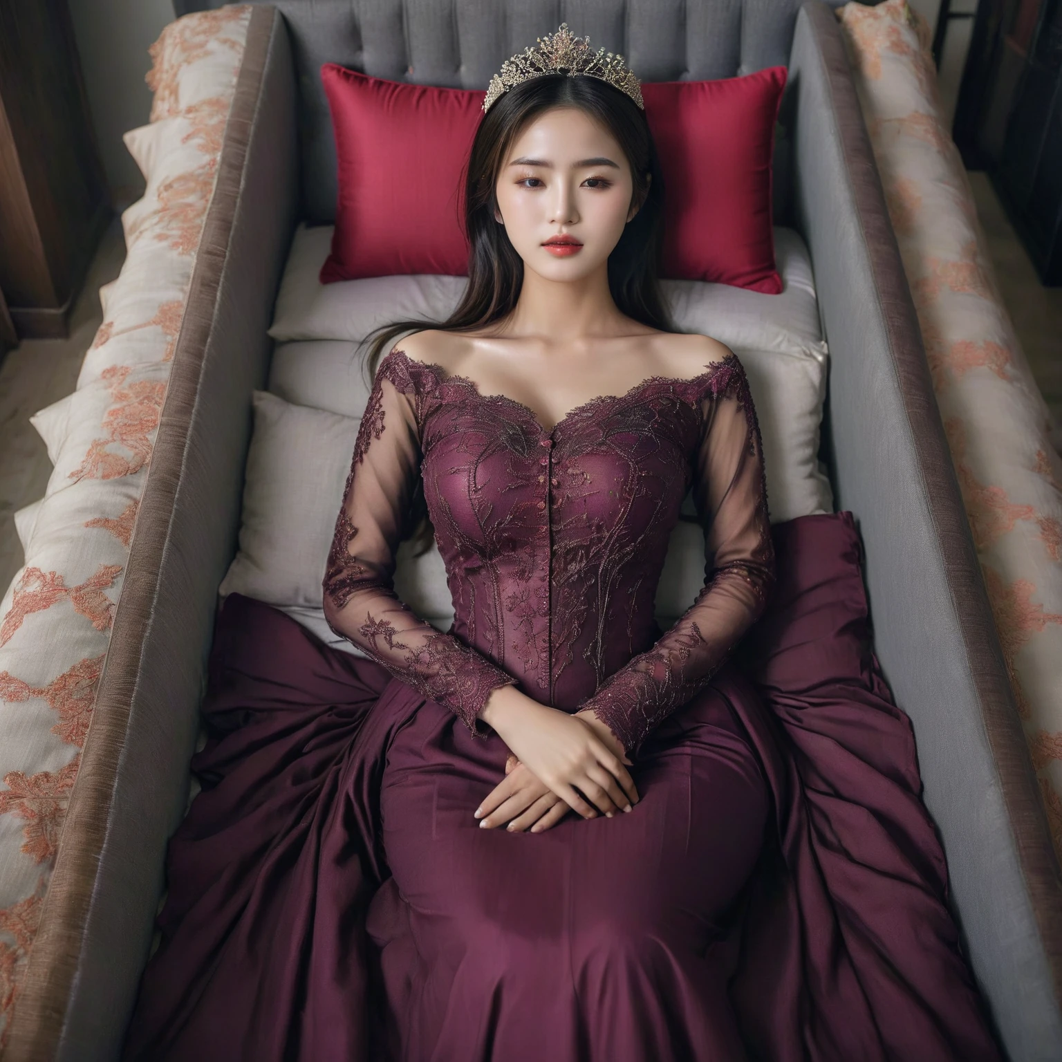 In a striking 8K HDR scene, a stunning Korean woman, 22 years old, lies peacefully in a black coffin surrounded by plush pillows. The deep box is set against a rich black background, accentuating the beauty of the subject. Her exquisite kebaya attire is embroidered with superb detail, showcasing her round and firm breasts, perfect cleavage, and beautiful eyebrows. Her closed eyes and mouth give an air of serenity, while her visible and absolute cleavage leave nothing to imagination. The scene is bathed in saturated colors, highlighting every intricate aspect from the ball skirt to her clean face.