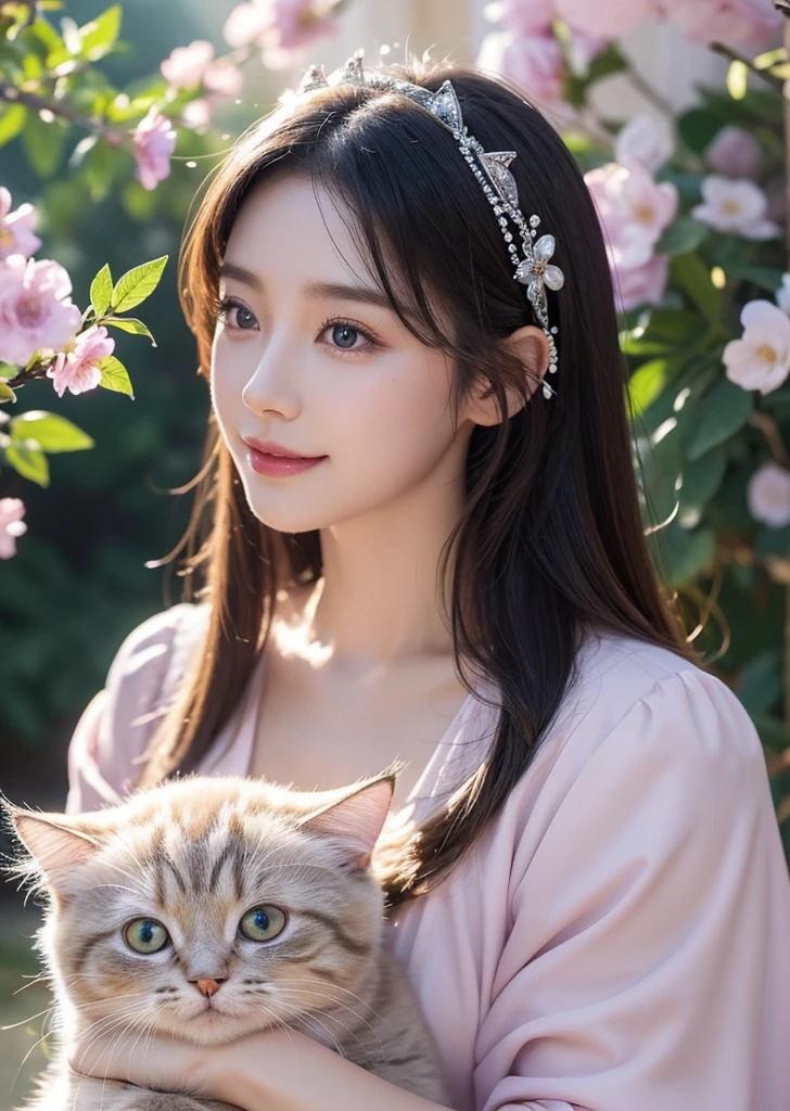 Diffuse lighting、 Highest quality, High resolution, unity 8k wallpaper、Supersaturation, Colorful, fairy tale, dream-like, Movie-like characters, oil, 3d, 8K resolution, Sequins, Sparkling, moonlight, Close-up portrait adorable,Too cute cat, Fine grain, Large, round, reflective eyes,Dreamland、pastel colour、pleasant to the touch、Side angle、smile、full moon、Mysterious Flower、Beautiful cat、cute cat、猫のInside the castle、Inside the castle、Kiss the cat、Get face to face with your cat、