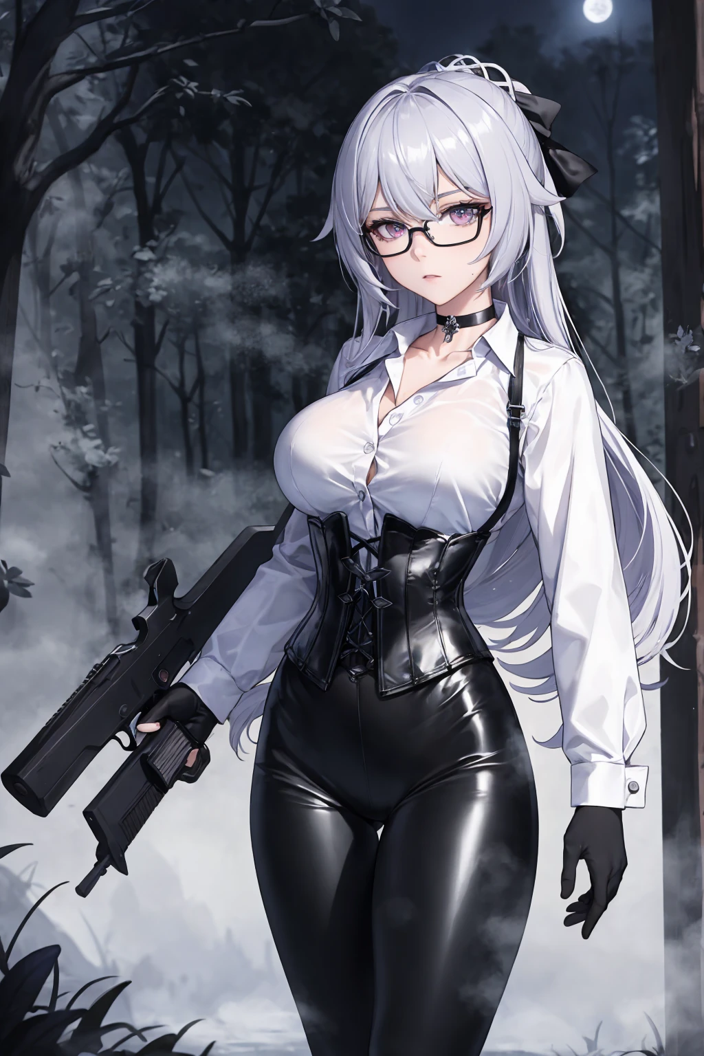 Masterpiece, Beautiful art, professional artist, 8k, detailed body, Very detailed face, very detailed eyes, Detailed clothing, detailed fabric, Best Quality, better resolution, 1 girl, bronya zaychik \(Honkai Impact 3rd\), front view, standing, big breasts, serious expression,  At night , long silver hair, glasses, choker:1.6, (white long sleeve button down shirt with white collar), (shiny black corset), black gloves that cover your hands, holding a gun in hand, (shiny black leggings), looking at the viewer, dark forest, Atmosphere, fog, At night