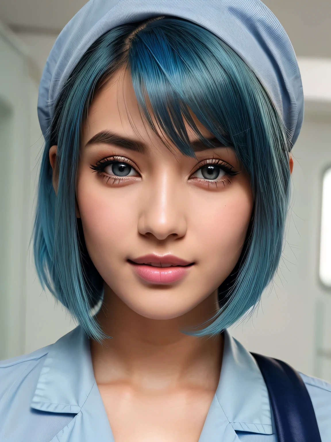 (blue hair:1.4), short hair, realistic green eyes, cobalt hair,  long bob hair, tousled hair, shoulder length hair, Full body, woman with white skin and Asian features, 24 year old, big breast. She has a small, elegant nose with a slight upward curve at the tip. Her lips are full and naturally pink, with a well-defined Cupid's bow. Her teeth are straight and white, enhancing her captivating smile. Her face has an oval shape with high cheekbones that add to her model-like appearance. (crack), detailed (texture!, shine, color!!, flaws: 1.1), highly detailed glowing eyes, (looking at camera), specular light, dslr, extreme quality, crystal clear, cute face, detailed skin pores, oil Dark skin, brown, complex eye details, she is far from the camera, A full-body portrait, captured from a distance. Dynamic Frame, 8K, Best Quality, Realistic, full body Realism, beautiful hairstyle, Dynamic Frame,  Shortcut Bob、photo realistic, masterpiece, best quality, (highly detailed skin:1.3), (extremely detailed eyes and face:1.3), absurdres, 8k resolution, from front, (full body:1.2), (cute:1.3), chignon, (light blue short nurse uniform:1.3), nurse cap, (cleavage), stethoscope, hospital, walking by a bed, sexy,
 (short hair:1.3)