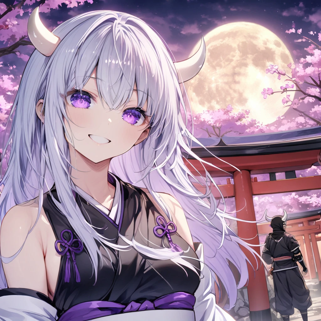 (masterpiece, best quality:1.2), (1girl, solo), 20years old, full body, kimono, (gray hair, twin braid), (purple demon horns, purple eyes), normal ears, collapsed old Japanese castle, look up to night sky, full moon