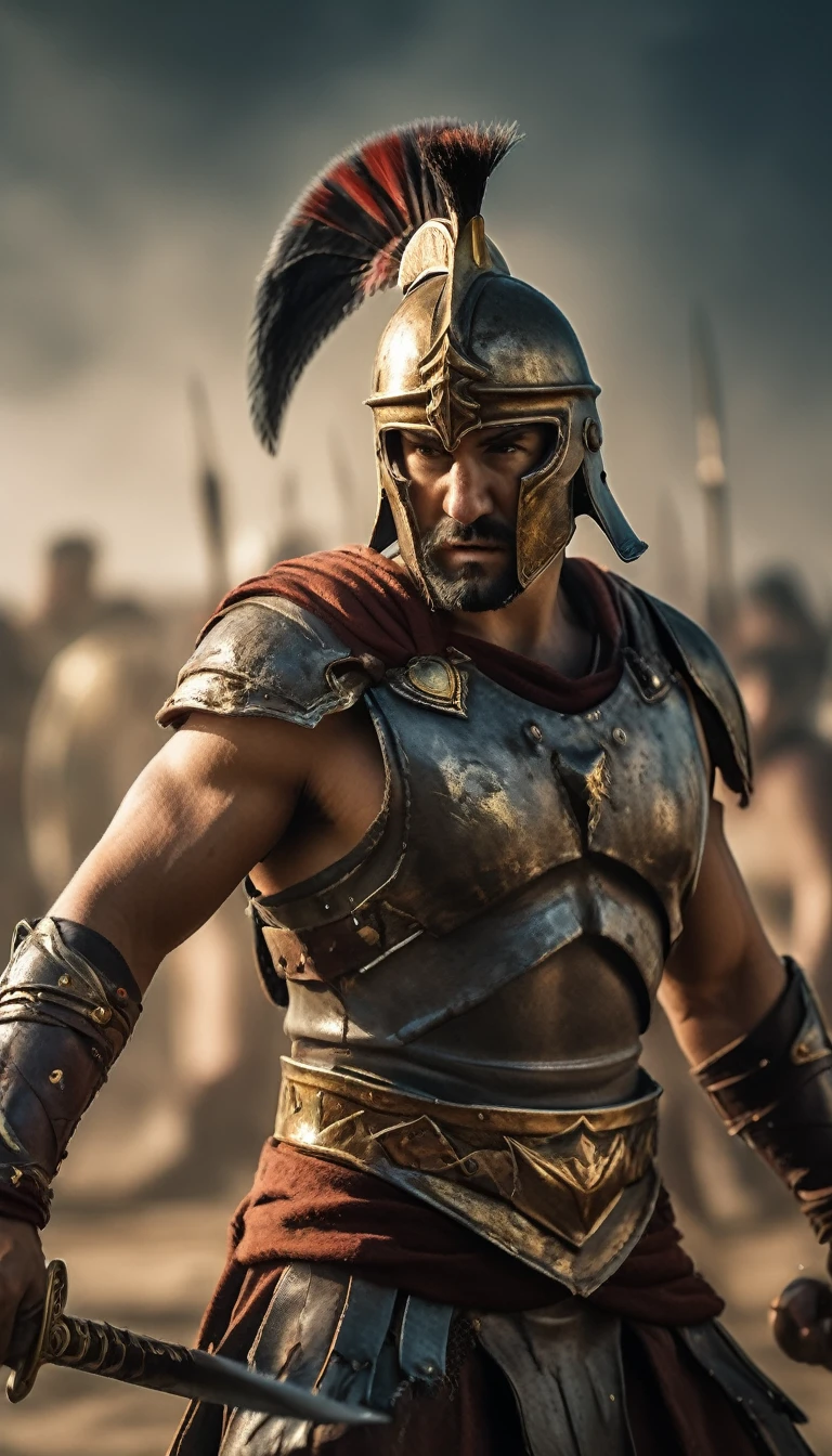 Illustrate a Spartan warrior with his helmet under his arm, showing his battle-worn face and intense gaze, battle atmosphere background, hyper realistic, ultra detailed hyper realistic, photorealistic, Studio Lighting, wearing a gold crown, reflections, dynamic pose, Cinematic, Color Grading, Photography, Shot on 50mm lens, Ultra-Wide Angle, Depth of Field, hyper-detailed, beautifully color, 8k